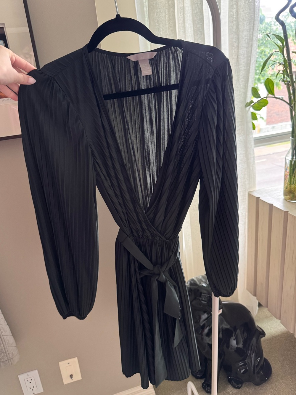 Forest Green Pleated Wrap Dress with Tie Waist Xs